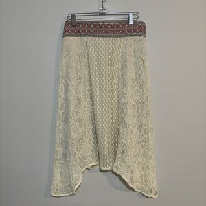 Flying Tomato Cream Asymmetrical Midi Lace Lined Elastic Waist Boho Skirt |Sz M